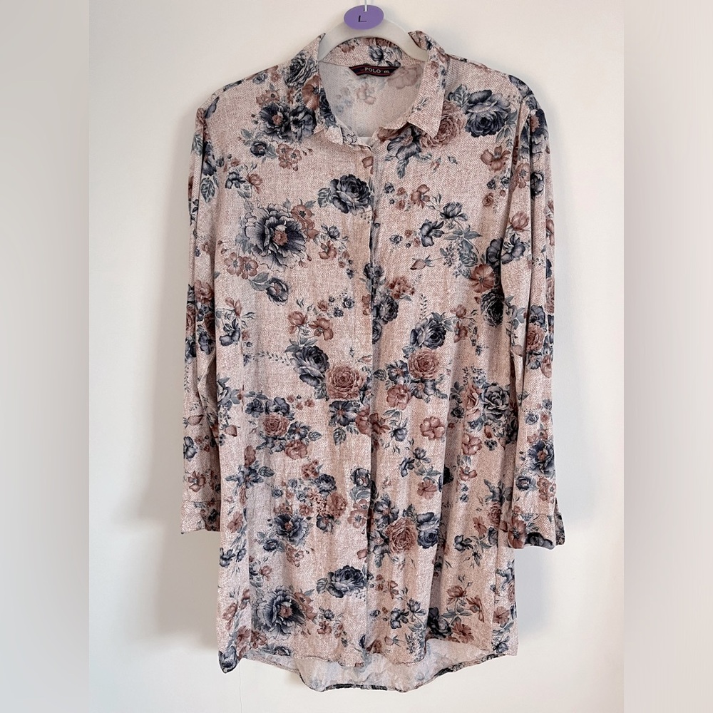 Tunic Length Fall Flower Button Up Shirt